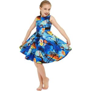 imageGirl Hawaiian Vintage Fit and Flare Dress in Sunset with DolphinSunset With Dolphin in Blue