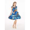 imageGirl Luau Wrap Ruffle Dress in Vintage Tropical ToileSunset and Dolphin Blue