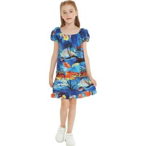imageGirl Hawaiian Simple Muumuu Dress in Sunset and DolphinSunset and Dolphin Blue
