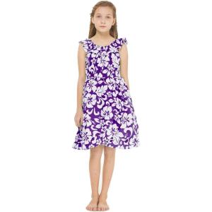 imageGirl Luau Wrap Ruffle Dress in Classic Red HibiscusClassic Purple Hibiscus