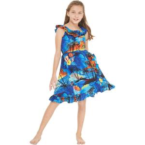 imageGirl Luau Wrap Ruffle Dress in Vintage Tropical ToileSunset and Dolphin Blue