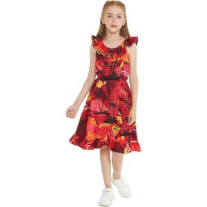 imageGirl Luau Wrap Ruffle Dress in Vintage Tropical ToileSunset and Dolphin Red