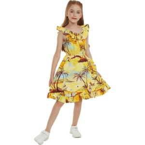 imageGirl Luau Wrap Ruffle Dress in Vintage Tropical ToileSunset and Dolphin Yellow