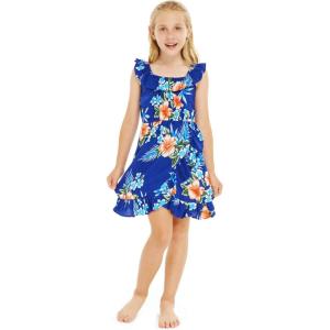 imageGirl Ruffle Wrap Hawaiian Luau Dress in HibiscusHibiscus Blue