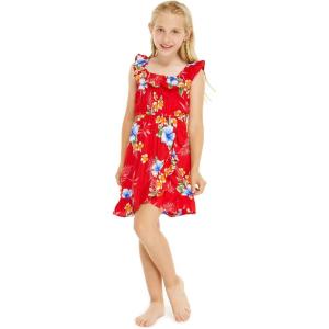 imageGirl Ruffle Wrap Hawaiian Luau Dress in HibiscusHibiscus Red