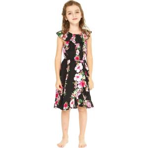 imageGirl Ruffle Wrap Hawaiian Luau Dress in RafelsiaPink Hibiscus Vine Black