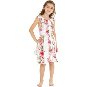 imageGirl Ruffle Wrap Hawaiian Luau Dress in RafelsiaPink Hibiscus Vine White