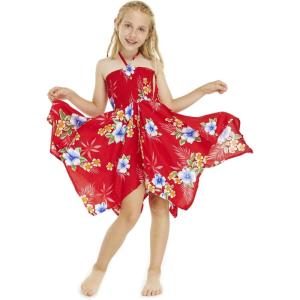 imageGirl Gypsy Uneven Bottom Hawaiian Luau Dress in HibiscusRed Hibiscus