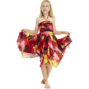 imageGirl Gypsy Uneven Bottom Hawaiian Luau Dress in SunsetRed Sunset
