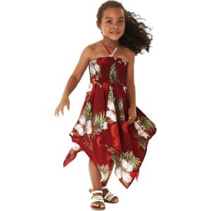 imageGirl Gypsy Uneven Bottom Hawaiian Luau Dress in Wispy Cereus BlackPineapple Garden Burgundy
