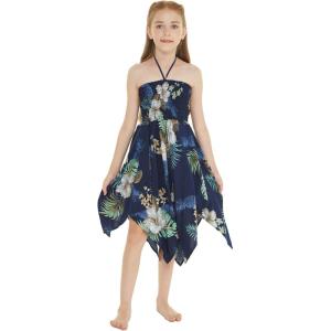 imageGirl Gypsy Uneven Bottom Hawaiian Luau Dress in Wispy Cereus BlackPineapple Garden Navy