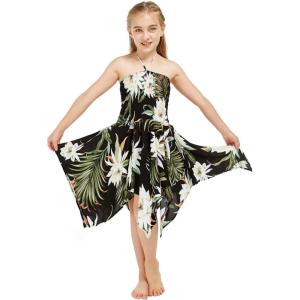 imageGirl Gypsy Uneven Bottom Hawaiian Luau Dress in Wispy Cereus BlackWispy Cereus Black