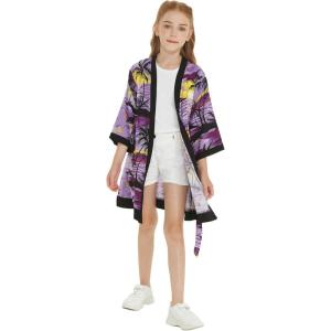 imageGirl Hawaiian Beach Luau Wrap Kimono Dress in Sunset Neon PastelPurple