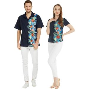 imageCouple Matching Hawaiian Luau Men and Women Shirts in Orchid Paradise NavyNavy