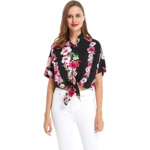 imageWomens Hawaiian Tie Front Crop Top Aloha Shirt in Hibiscus VinePink Black Hibiscus Vine