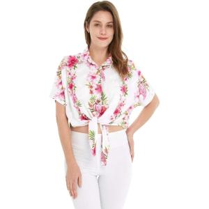 imageWomens Hawaiian Tie Front Crop Top Aloha Shirt in Hibiscus VinePink White Hibiscus Vine