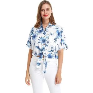 imageWomens Hawaiian Tie Front Crop Top Aloha Shirt in HibiscusDay Dream Bloom