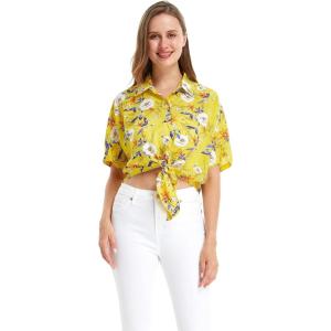 imageWomens Hawaiian Tie Front Crop Top Aloha Shirt in Wispy CereusGarden Poppy Yellow