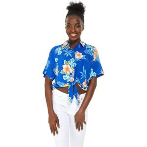 imageWomens Hawaiian Tie Front Crop Top Aloha Shirt in Wispy CereusHibiscus Blue