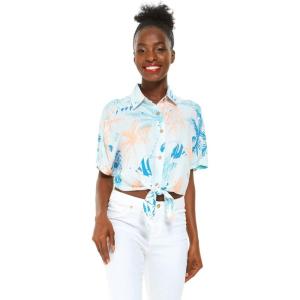 imageWomens Hawaiian Tie Front Crop Top Aloha Shirt in Wispy CereusSandy Beach Cream