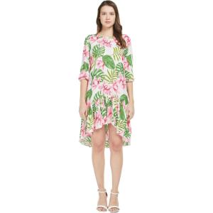 imageWomens Hawaiian 34 Sleeve Mermaid Ruffle Tunic Dress in Hibiscus BlueLotus and Orchid