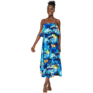 imageWomens Hawaiian Maxi Ruffle Luau Dress Hibiscus FloralBlue Sunset