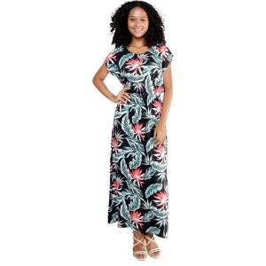 imageWomens Hawaiian Luau Cap Sleeve Maxi Simple Dress in Orchid BreezeBlooming Lily Black