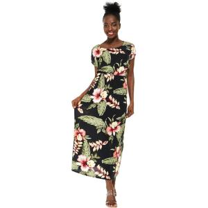 imageWomens Hawaiian Luau Cap Sleeve Maxi Simple Dress in Pineapple GardenBlack Rafelsia