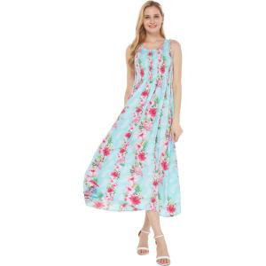 imageWomens Hawaiian Maxi Tank Elastic Luau Dress Pink Black Hibiscus VinePink Turquoise Hibiscus Vine