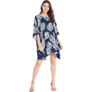 imageWomens Hawaiian Poncho Luau Dress Hibiscus BlackPalm Leaves Navy