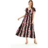 imageWomens Hawaiian Maxi Ruffle Sleeve Dress in HibiscusPink Black Hibiscus Vine
