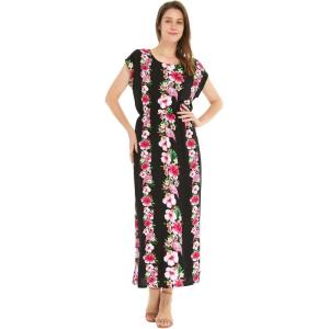 imageWomens Hawaiian Luau Cap Sleeve Maxi Simple Dress in Hibiscus VinePink Black Hibiscus