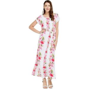 imageWomens Hawaiian Luau Cap Sleeve Maxi Simple Dress in Hibiscus VinePink White Hibiscus