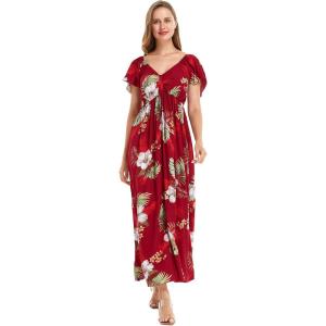imageWomens Hawaiian Maxi Ruffle Sleeve Dress in HibiscusPineapple Garden Burgundy