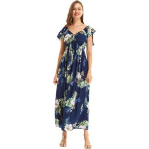 imageWomens Hawaiian Maxi Ruffle Sleeve Dress in HibiscusPineapple Garden Navy