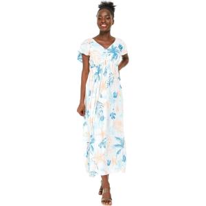 imageWomens Hawaiian Maxi Ruffle Sleeve Dress in HibiscusSandy Beach Cream
