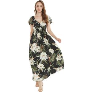 imageWomens Hawaiian Maxi Ruffle Sleeve Dress in Wispy CereusWispy Cereus Black