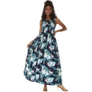 imageWomens Hawaiian Maxi Tank Elastic Luau Dress Floral PatternsOrchid Breeze Navy