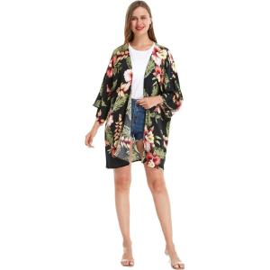 imageWomen Open Front Lightweight Kimono Tops in HibiscusRafelsia Black