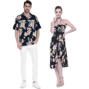 imageCouple Matching Hawaiian Luau Cruise Party Outfit Shirt Dress in Hibiscus BlueHibiscus Black