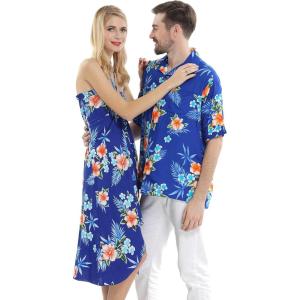 imageCouple Matching Hawaiian Luau Cruise Party Outfit Shirt Dress in Hibiscus BlueHibiscus Blue