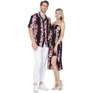 imageCouple Matching Hawaiian Luau Cruise Party Outfit Shirt Dress in Hibiscus BluePink Black Hibiscus Vine