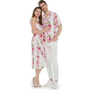 imageCouple Matching Hawaiian Luau Cruise Party Outfit Shirt Dress in Hibiscus BluePink Hibiscus Vine
