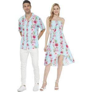 imageCouple Matching Hawaiian Luau Cruise Party Outfit Shirt Dress in Hibiscus BluePink Turquoise Hibiscus Vine