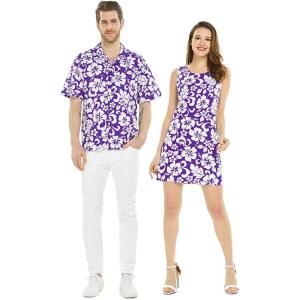 imageMatchable Couple Hawaiian Luau Men Shirt or Women Tank Dress in Classic Vintage HibiscusMen Purple
