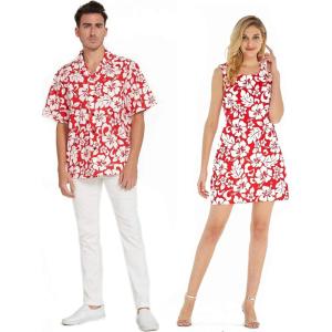 imageMatchable Couple Hawaiian Luau Men Shirt or Women Tank Dress in Classic Vintage HibiscusMen Red