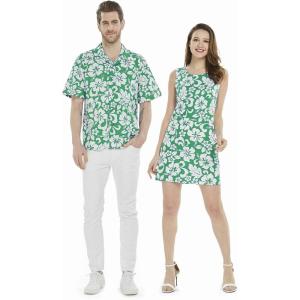 imageMatchable Couple Hawaiian Luau Men Shirt or Women Tank Dress in Classic Vintage HibiscusWomen Green