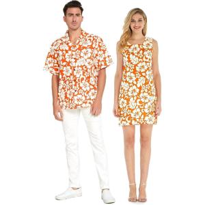 imageMatchable Couple Hawaiian Luau Men Shirt or Women Tank Dress in Classic Vintage HibiscusWomen Orange