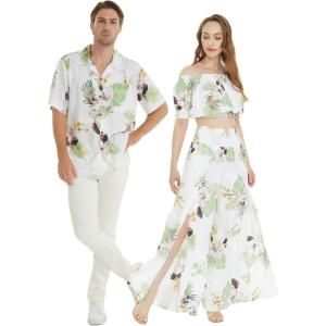 imageMatchable Couple Hawaiian Luau Shirt Smock Top Wide Legged Pants in Pineapple Garden WhiteWomen Pineapple Garden White Pants