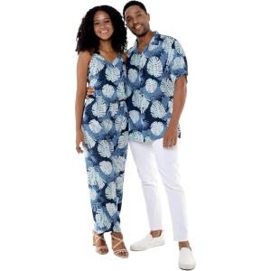 imageMatchable Couple Hawaiian Luau Shirt or VNeck Jumpsuit with Pockets in Pacific Palm NavyWomen Pacific Palm Navy
